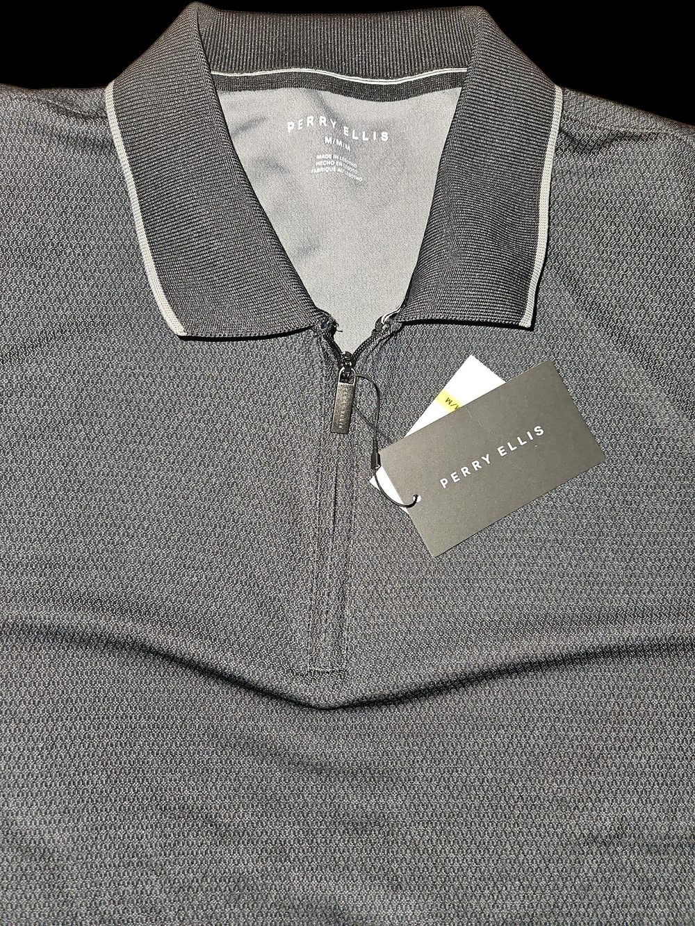 Perry Ellis Men's Dark Gray Zip-Up Polo Sweater with Contrast Trim